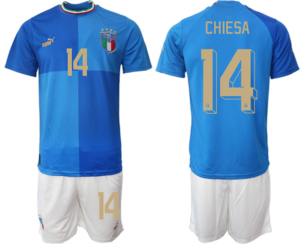 Men's Italy #14 Chiesa Blue Home Soccer Jersey Suit